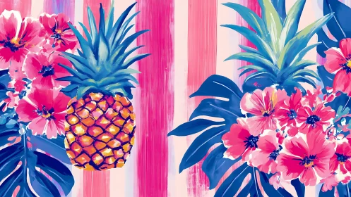 Vibrant tropical pineapple and hibiscus against pink stripes.