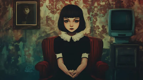 Melancholic girl in vintage room with old television.