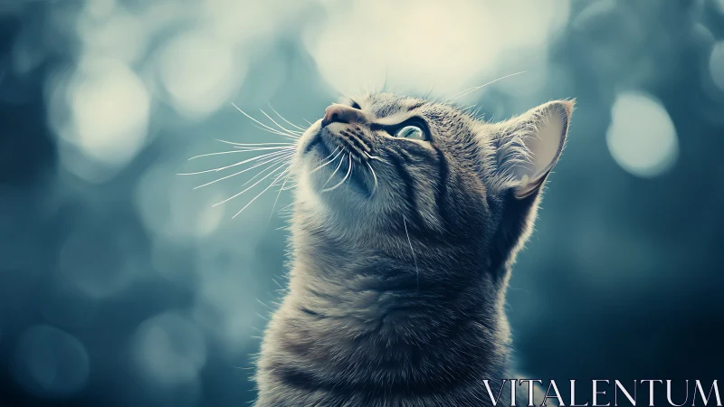 Tabby Cat Gazing Upward with Bokeh Background.