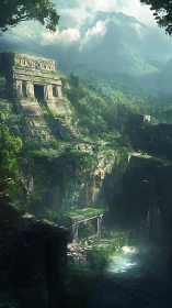 Overgrown stone temple complex rises above jungle gorge