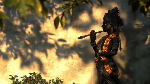 Krishna sculpture in golden dappled light with floral garland.