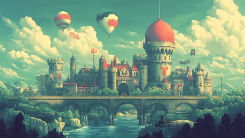 Whimsical riverside castle under bright balloon-filled skies.