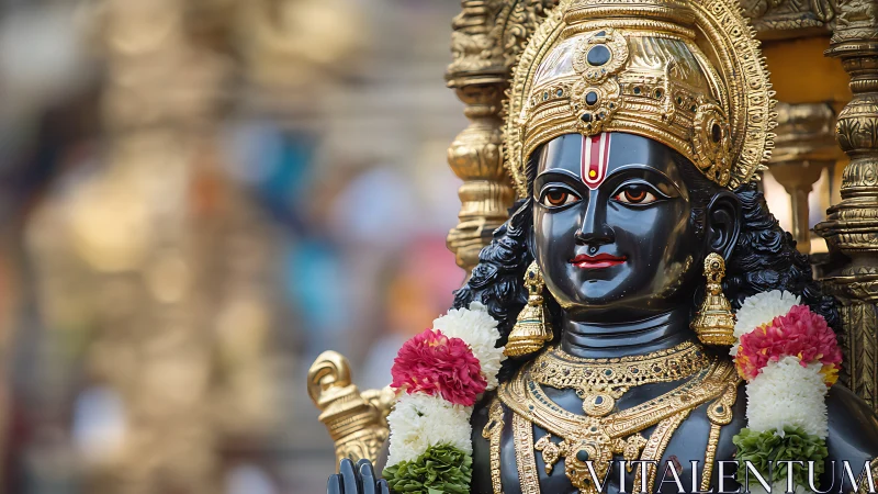 Hindu deity statue with gold ornaments and flower garlands.