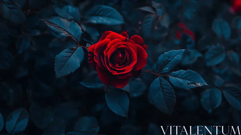 Red Rose with Blue Foliage in Dark Setting