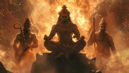 Fiery guardians in meditative stillness among swirling embers.