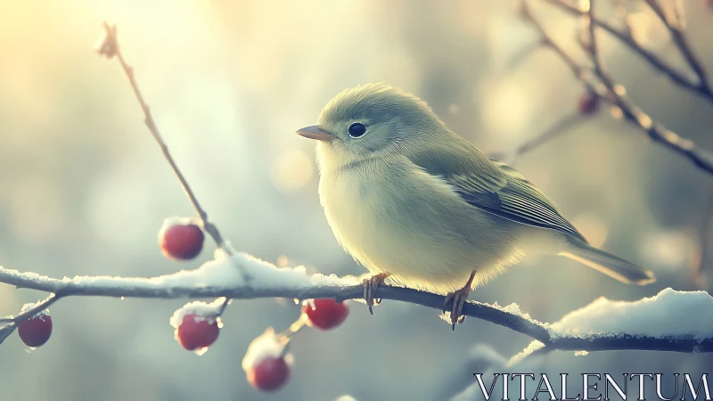 Delicate Winter Songbird Perched Among Frosted Berries.