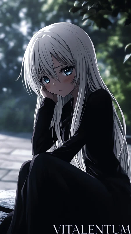 Girl with long white hair sits outdoors in shaded area