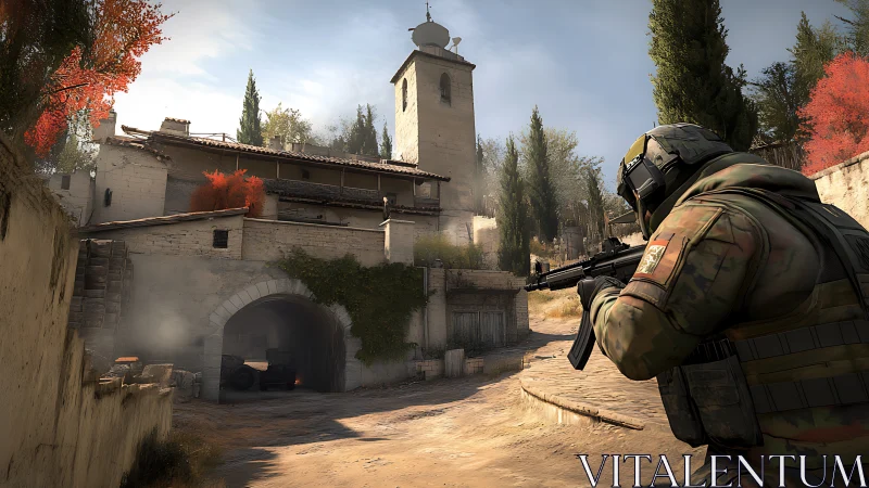 Tactical shooter soldier advancing through sunlit village street.