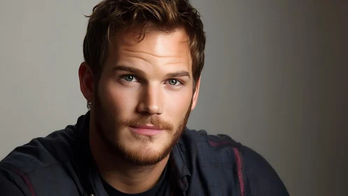 Portrait of bearded man in casual shirt against gray wall.