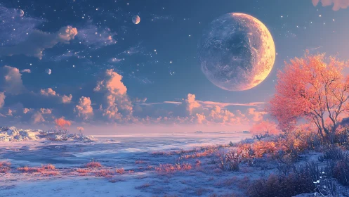 Moonrise over cotton-candy tundra and coral starlit groves.