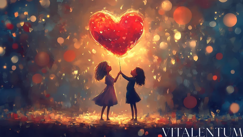 Two figures holding illuminated heart balloon against bokeh background.