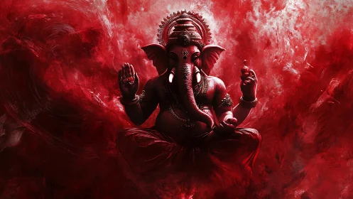 Red tonal digital rendering of seated Ganesha in dynamic aura