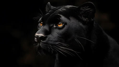 Black Panther Portrait with Amber Eyes Against Dark Background