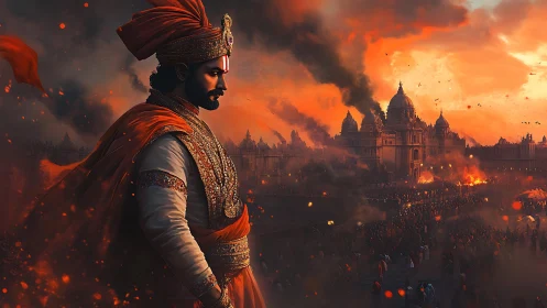 Noble warrior watches a burning city under fiery skies.