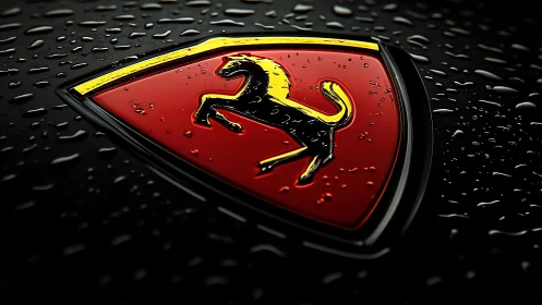 Automotive shield emblem with horse detail on wet surface.