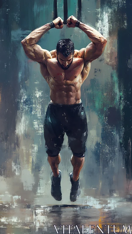 Muscular man performs suspended ring exercise in midair