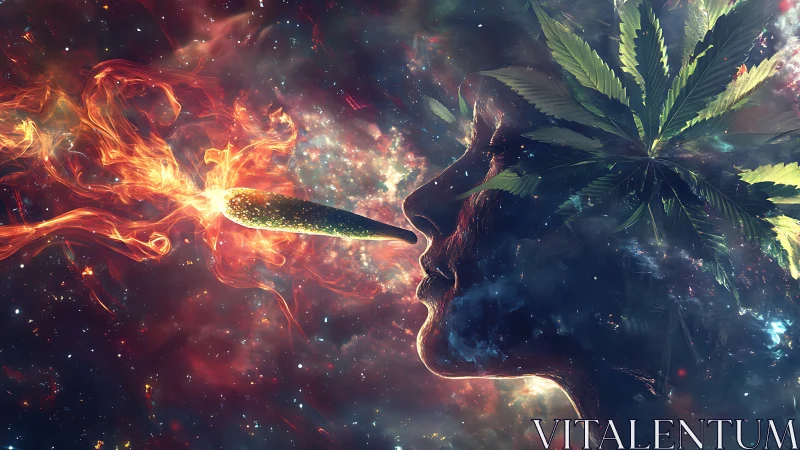 Cosmic mindscape with blazing joint and leaf crowned profile.