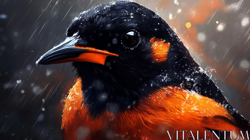 Close-up of Vibrant Orange and Black Bird in Winter Rain, Realistic Art.