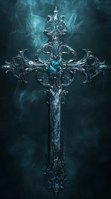 Ornate silver cross holds glowing blue gem amid swirling mist