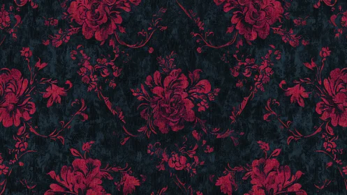Dark damask wallpaper shows red floral pattern over charcoal