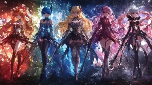 Elemental anime warriors align in chromatic spectrum armor lineup