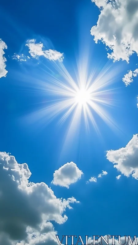 Radiant midday sunburst through cumulus clouds in blue sky.