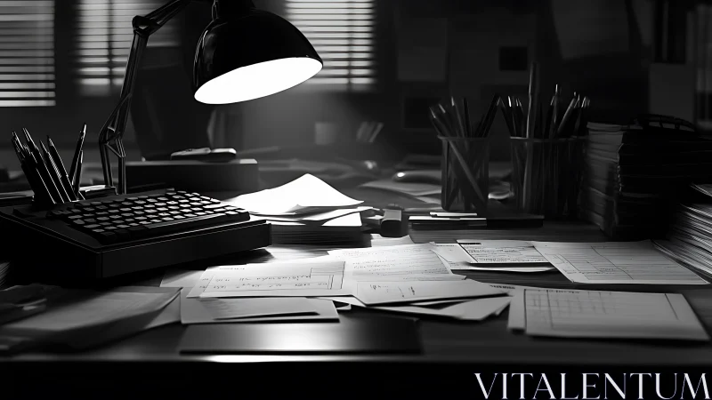 Cozy late-night desk glowing with quiet working focus.