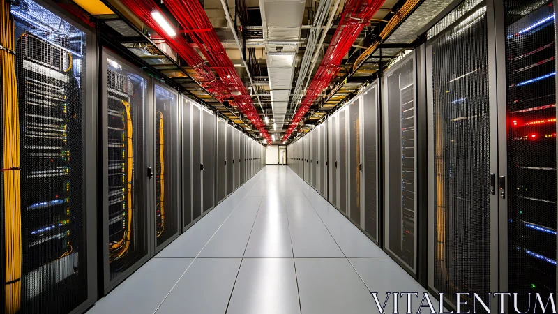 Symmetrical corridor view of modern data center server racks.