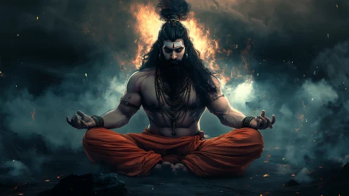 Fire-crowned yogi holds unshakable focus within storm.