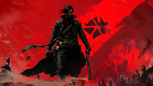 Solitary gunfighter advances under abstract crimson war banner