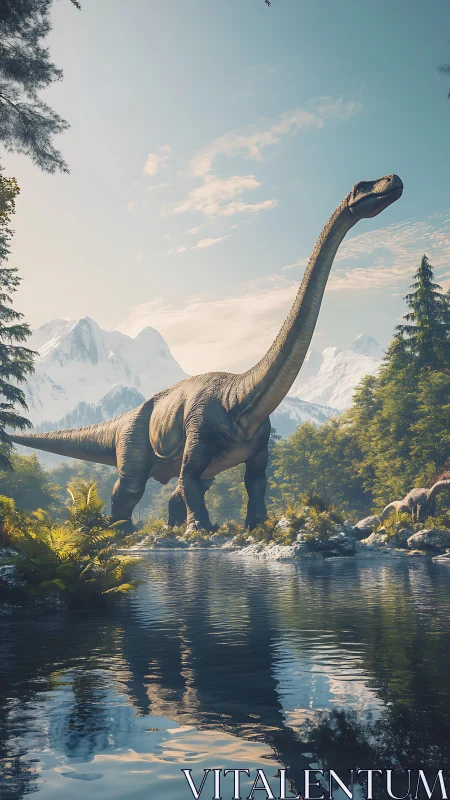 Sauropod paleo-landscape with alpine riverine reflection study.