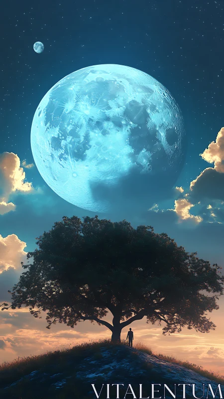 Quiet moonlit hill where a lone dreamer greets the sky.