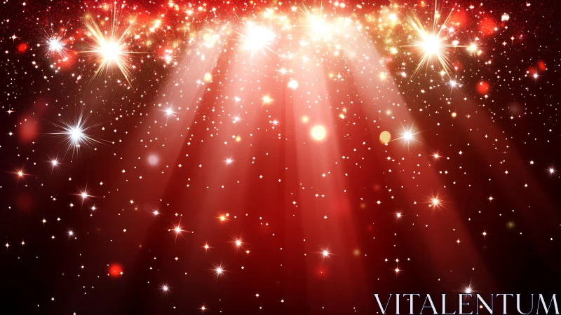 Radiant red spotlight beams cut through dense golden stardust