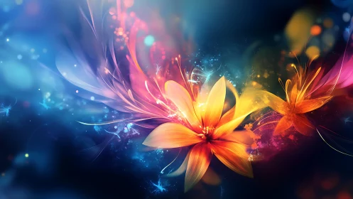 Radiant neon lilies bloom in swirling cosmic lightscape.