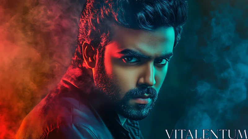 Intense portrait in red and teal cinematic rim lighting.