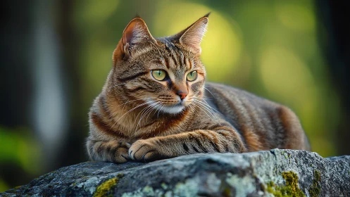 Tabby Cat Resting on Moss-Covered Stone