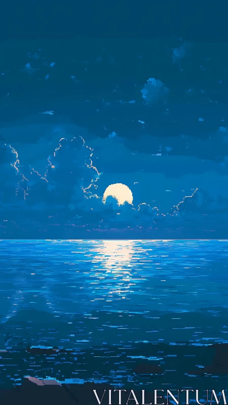 Pixelated lunar seascape with reflected moonlight gradient