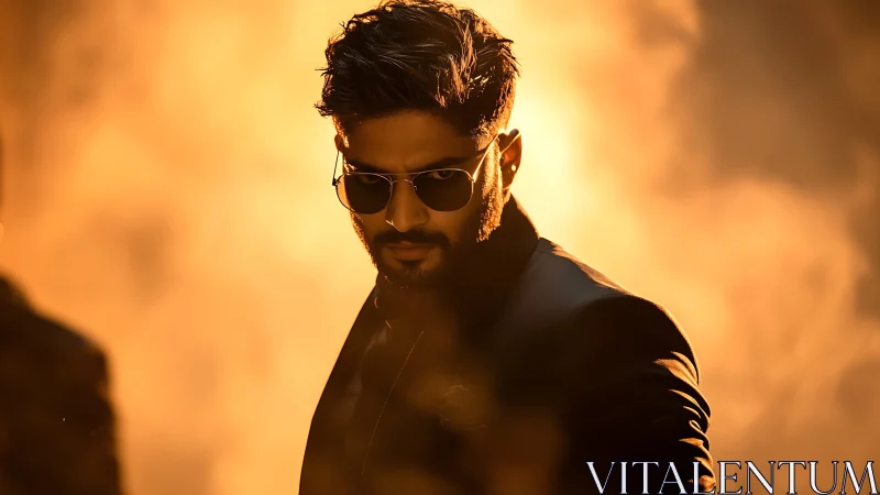 Man in dark suit against intense golden backlight.