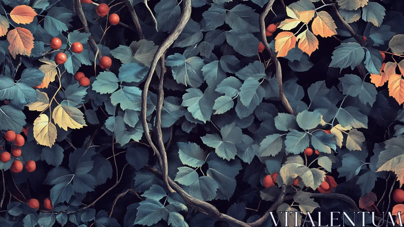 Dense vine foliage with red berries and twisted branches.