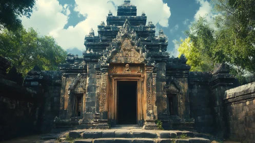 Ancient stone temple gateway basks in warm afternoon light.