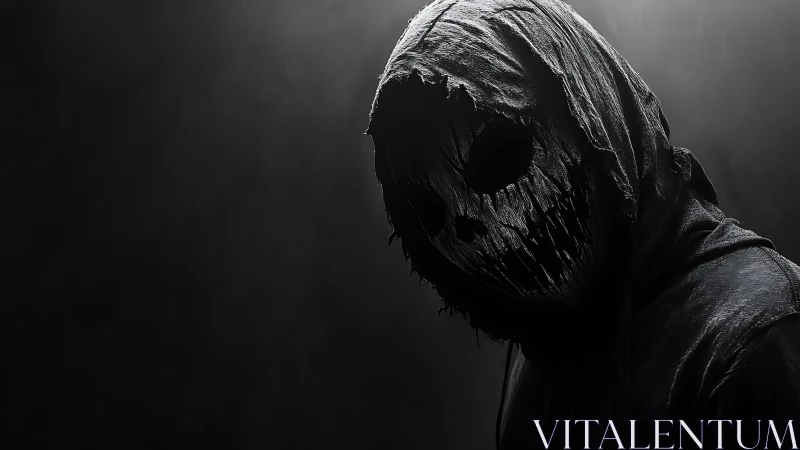 Torn-masked shadow leans from darkness with stitched-up silence