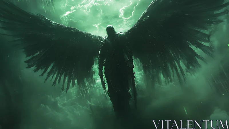 Stormforged fallen angel emerging from toxic emerald dusk.