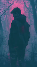 Solitary hooded figure in neon pink and blue forest haze.