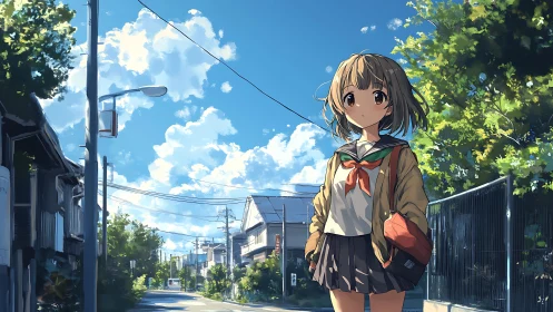 Schoolgirl walks sunlit suburban street under vivid sky