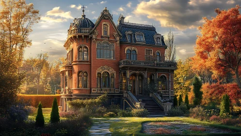 Victorian mansion glows warmly amid golden autumn gardens