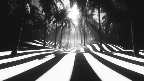 Monochrome palm grove with striped undulating ground.