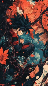 Anime fighter meditates within dense autumn tree canopy