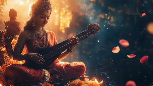 Goddess musician in golden light plays veena by tranquil water.