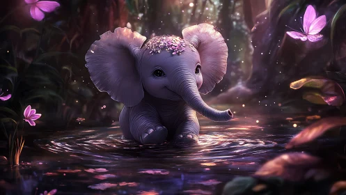Baby elephant splashes in spellbound forest of pink light.