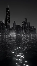Night skyline overlooks rippled waterfront under dark sky